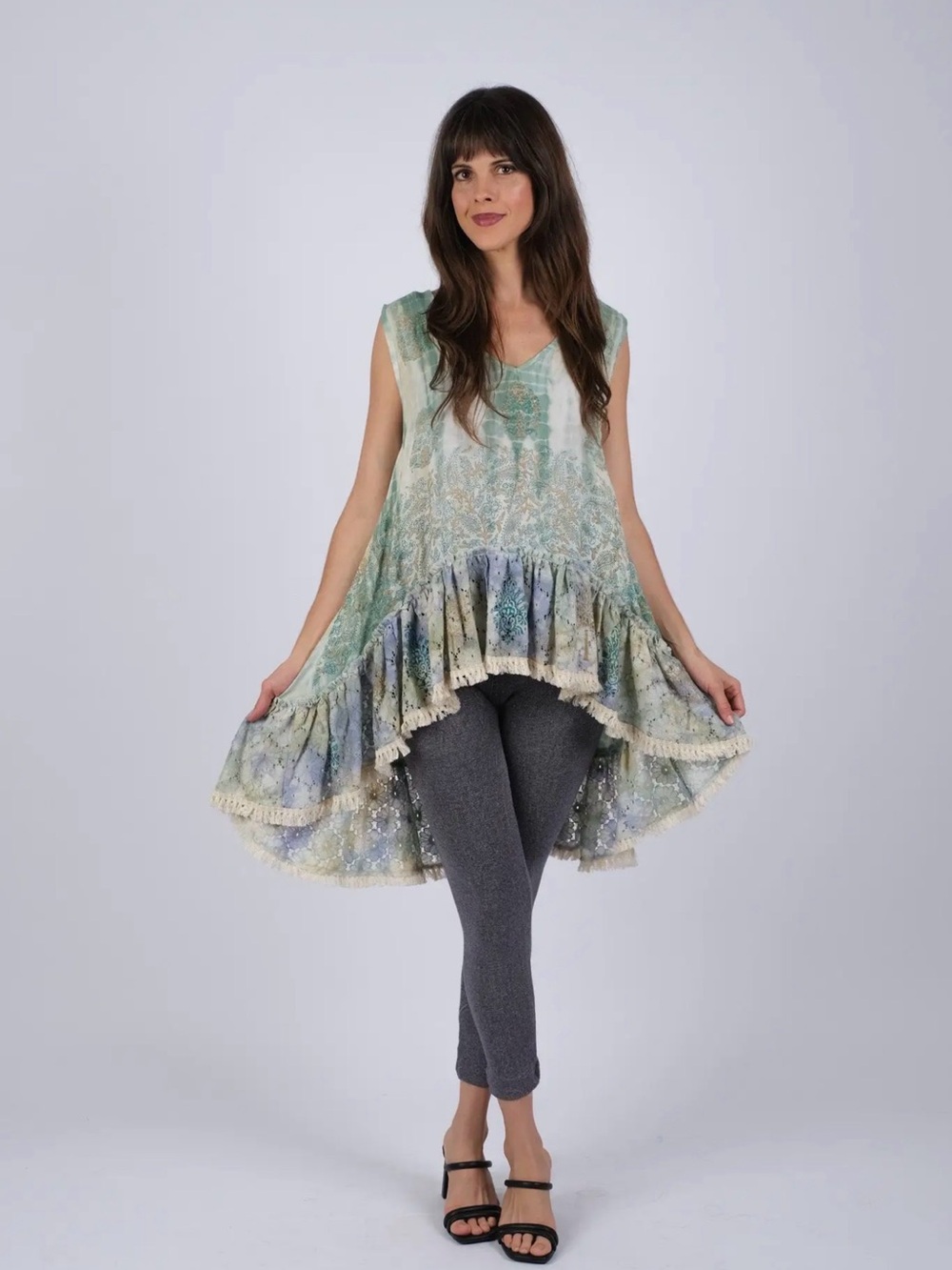 Sacred Threads Sleeveless Ruffle-Hem Tunic in Seafoam and Cream